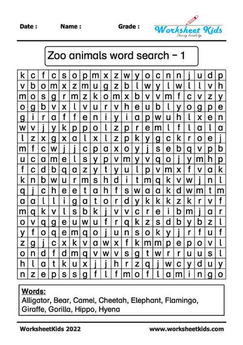 zoo animals word search puzzle