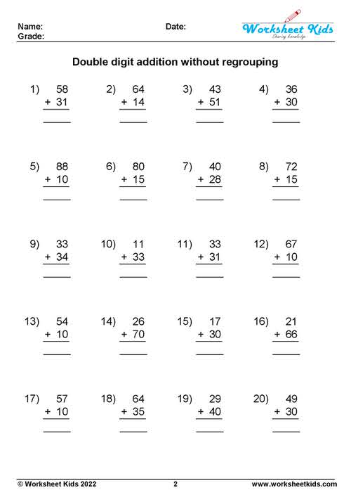 2 digit addition without regrouping