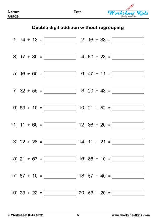 horizontal double digit addition without regrouping pdf