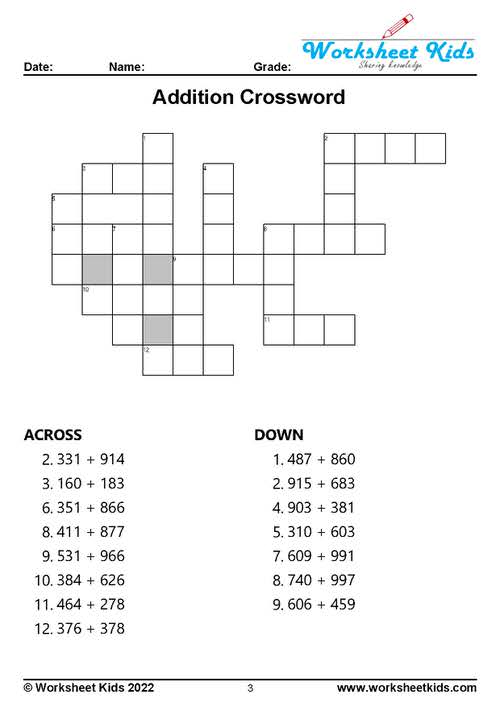 3 digit addition crossword puzzle for 2nd 3rd grade