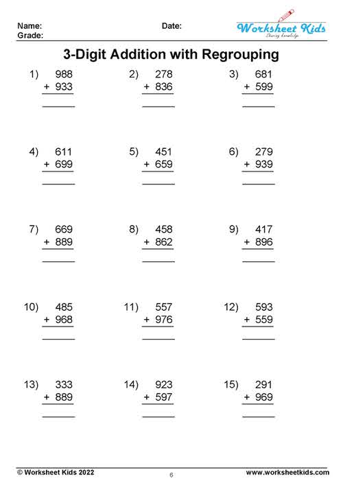 3 digit addition regrouping worksheets