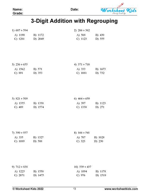 3 digit addition with regrouping free worksheets