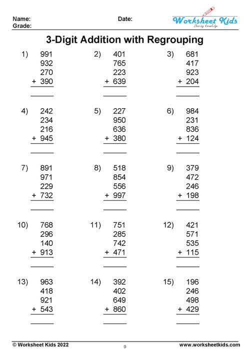 3-digit addition with regrouping worksheets