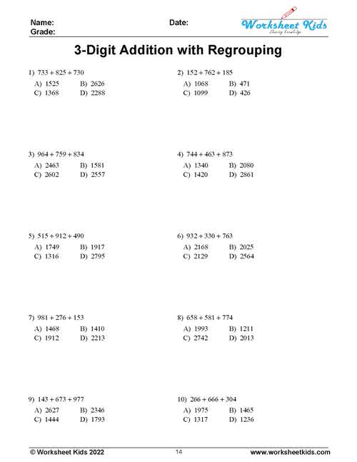 3 digit addition with regrouping worksheets pdf