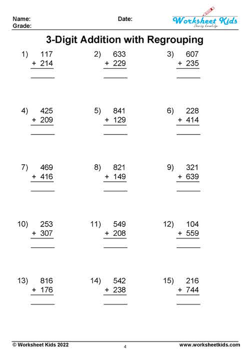3 digit addition with regrouping worksheets
