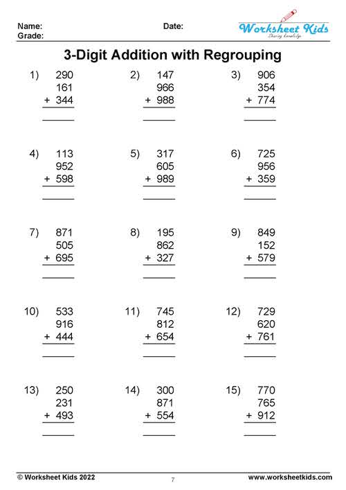 3 digit regrouping addition worksheets