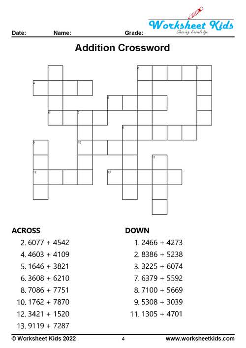 4 digit addition crossword puzzle for 3rd 4th grade
