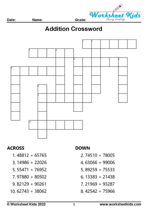 5 digits addition crossword puzzle to improve math skill