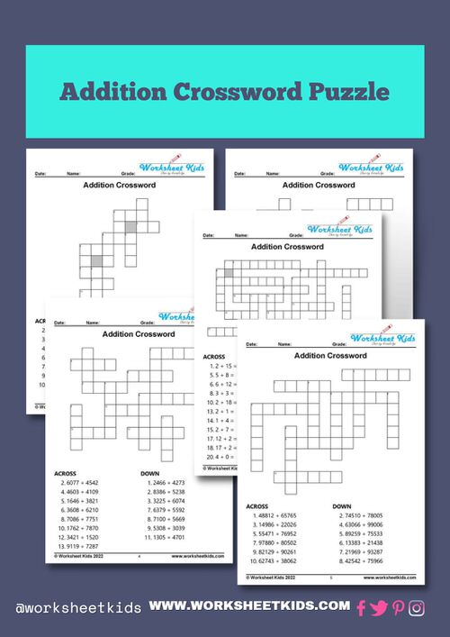 5 free addition crossword puzzle worksheets with clue in pdf