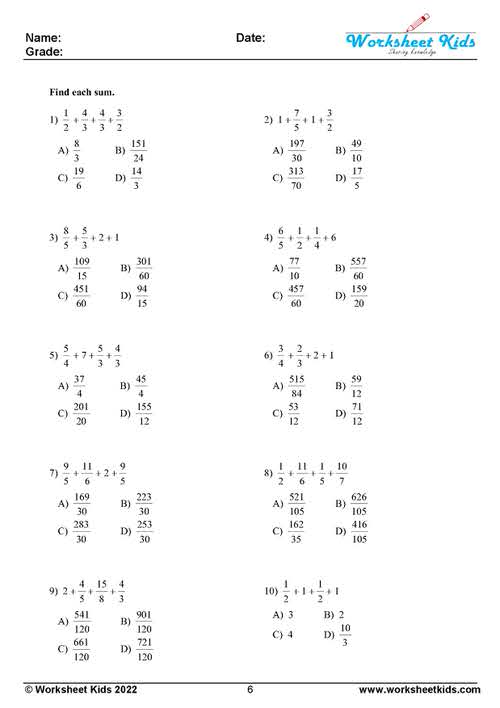5th grade adding fractions with unlike denominators worksheets pdf