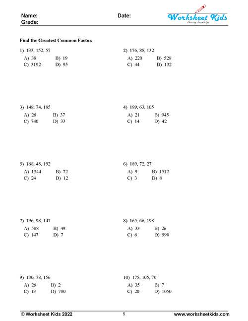 Find the greatest common factor multiple choice questions with answer key