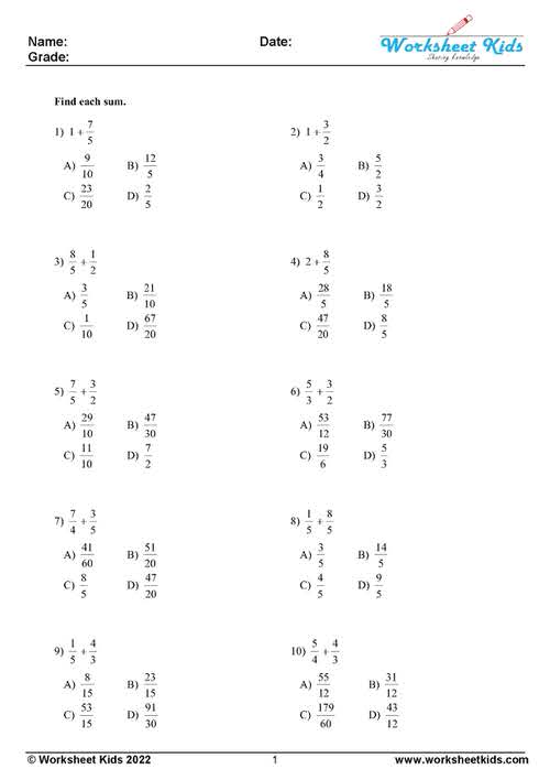 adding fractions with unlike denominators worksheet