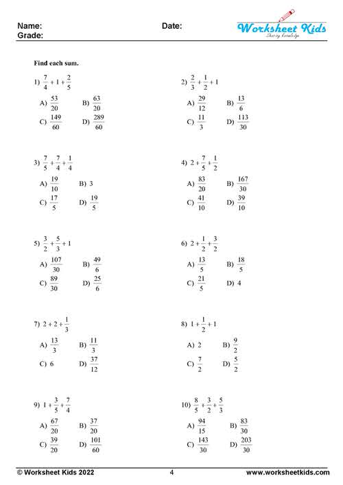 adding fractions with unlike denominators worksheets