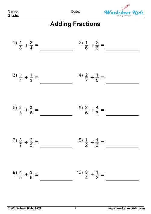 adding unlike fractions worksheet with answers