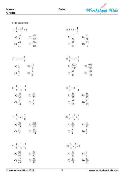 adding unlike fractions worksheets