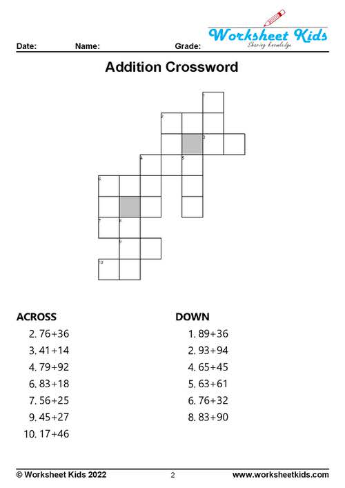 addition crossword puzzle for 1st grade