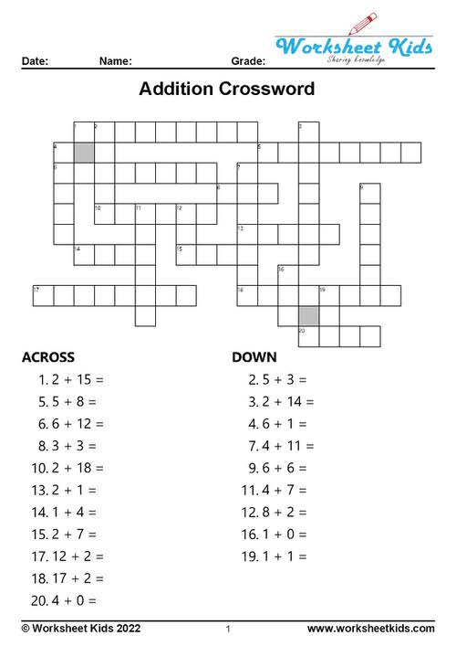 addition number names crossword puzzle with clue and answer key
