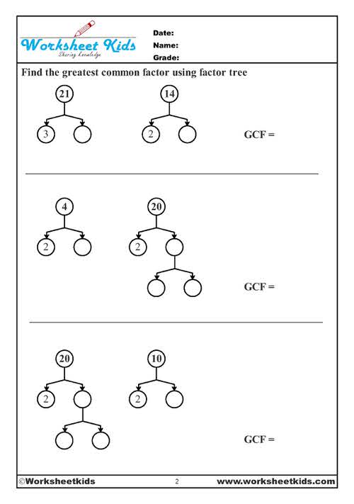 greatest common factor tree worksheets