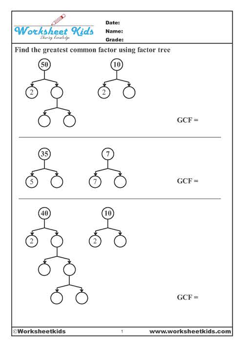 greatest common factor using factor trees worksheet