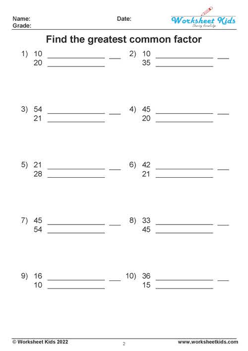 Find the greatest common factor Worksheets - Free printable PDF