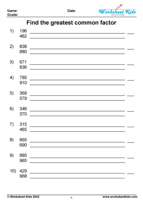 greatest common factor worksheets 6th grade