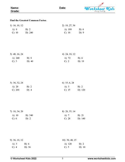 greatest common factor worksheets with answers