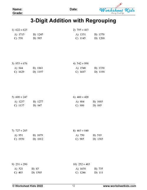 three digit addition worksheets with regrouping