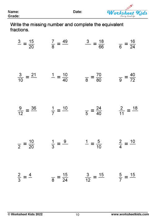 Equivalent Fractions Worksheets for 3rd and 4th Grade - Free PDF