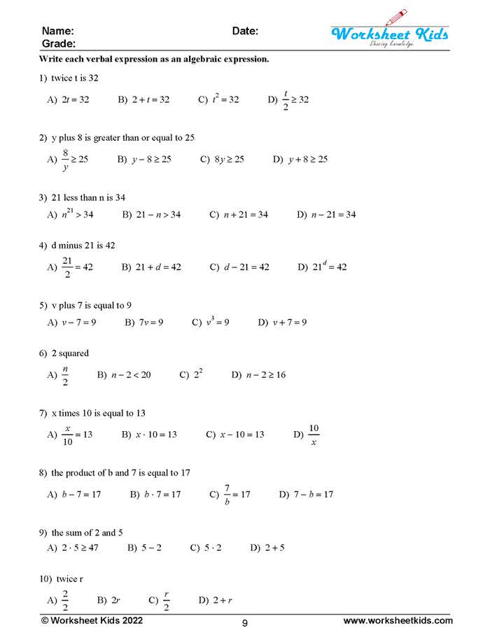 solve verbal expressions worksheets with answer key