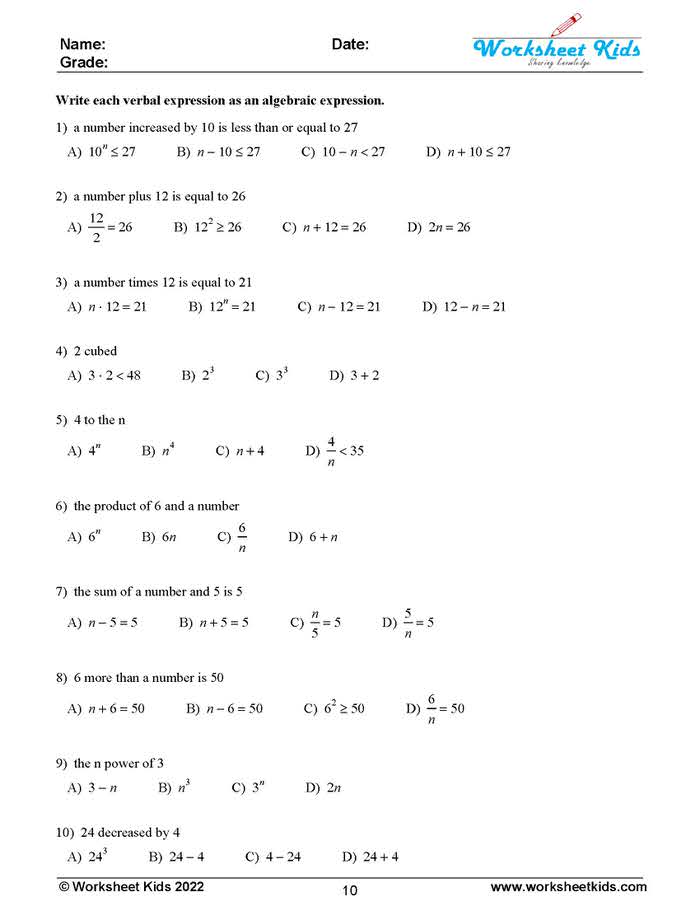 free worksheet on writing algebraic expression for verbal expression