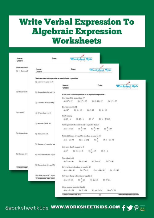 translate and write Verbal expression to algebraic expression worksheets