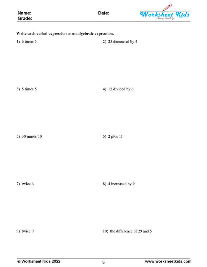 translating verbal phrases to algebraic expressions worksheet pdf