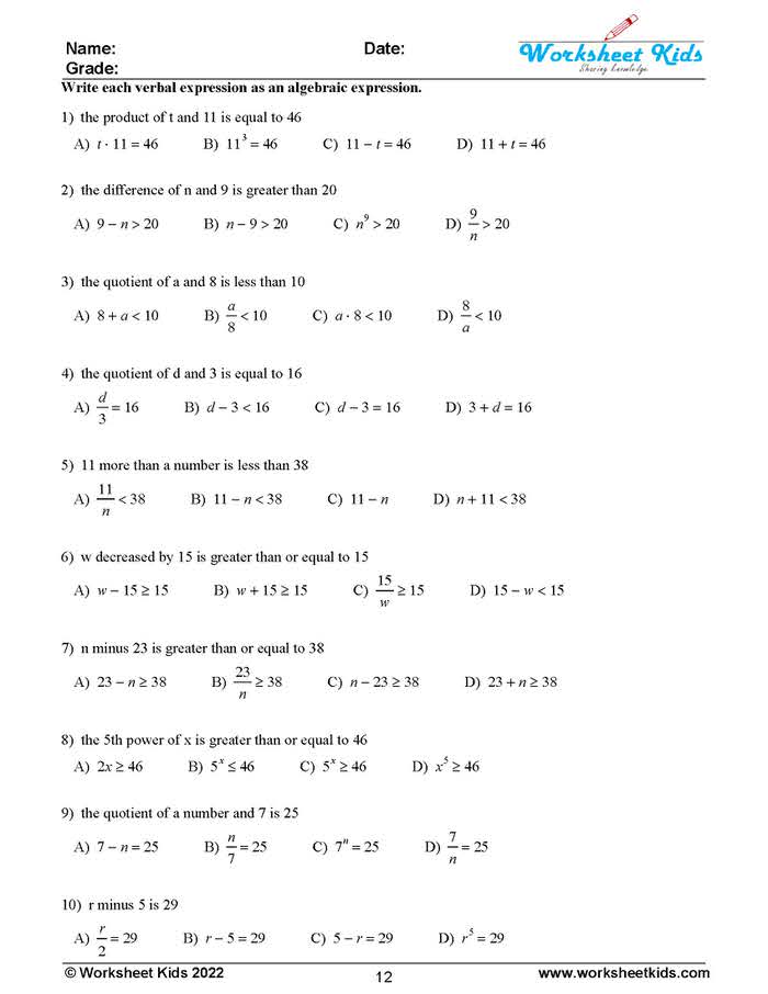 Master Algebra with Ease 12 Engaging Worksheets for Converting Verbal