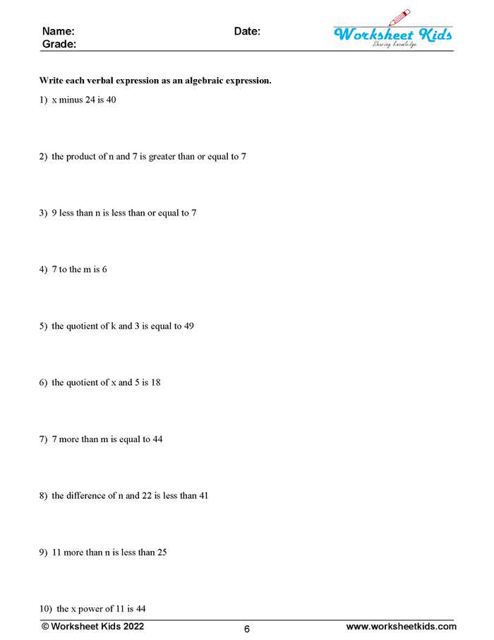 translating verbal expressions into variable expressions