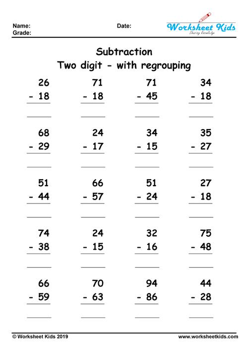 2 digit by 2 digit subtraction with regrouping