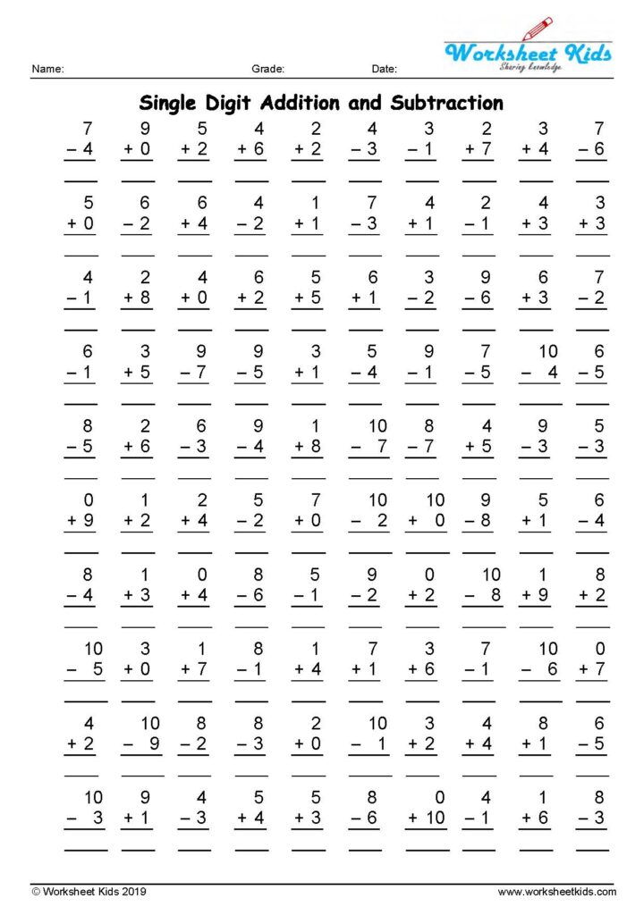 Single digit 100 addition and subtraction problems