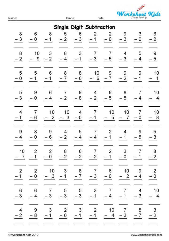 single digit 100 subtraction problems worksheet