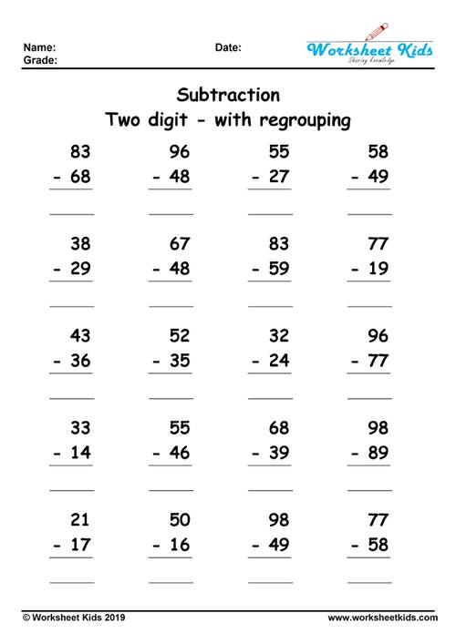 subtracting 2 digit numbers with regrouping