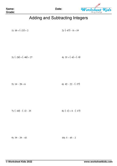 Mixed adding and subtracting integers worksheets