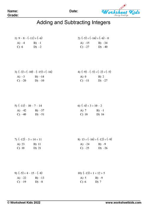 Mixed adding and subtracting integers MCQ