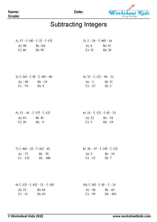 Subtracting integers MCQ