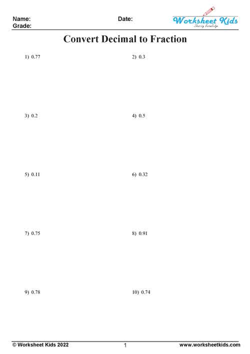 convert decimal to fraction worksheet