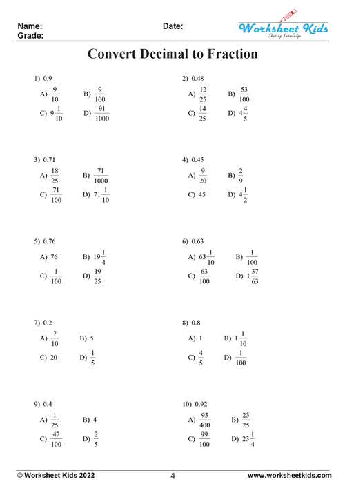 how to convert decimal to fraction worksheet with MCQ (multiple choice questions) for 6th grade