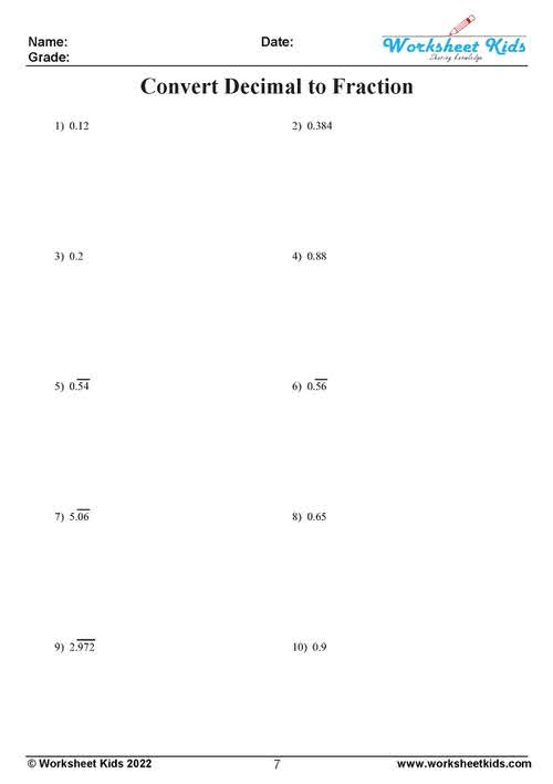 converting repeating decimals to fractions worksheet for 8th grade