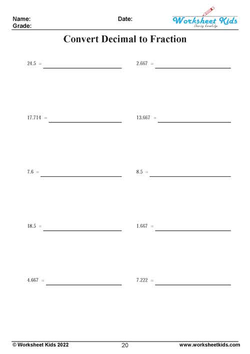 convert decimal to mixed fraction worksheet for 7th grade