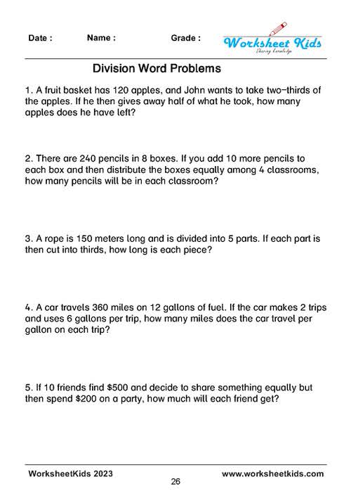 Multi step word problems with division for 4th 5th 6th grade