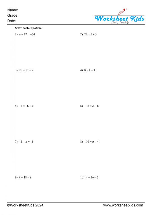 one step equations addition and subtraction variable left right and either side