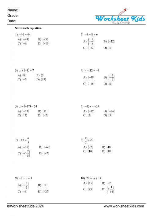 one step equations integers addition subtraction multiplication and division either side
