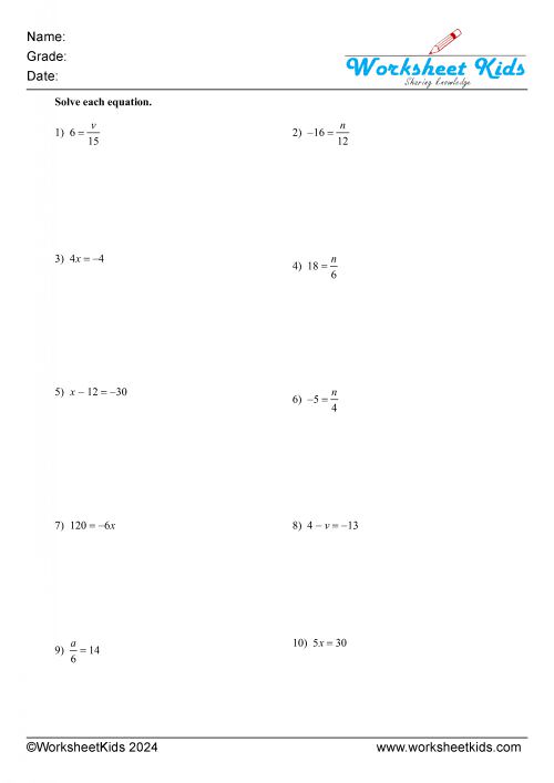 one step equations integers addition subtraction multiplication and division either side