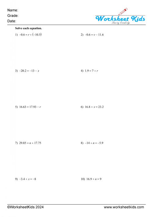 one step equations decimals addition and subtraction either side